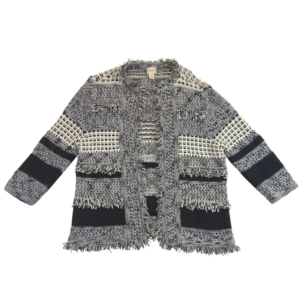 Chicos 3 Boho Fringe‎ Open Front Knit Cardigan Sweater Jacket Navy White Size XL